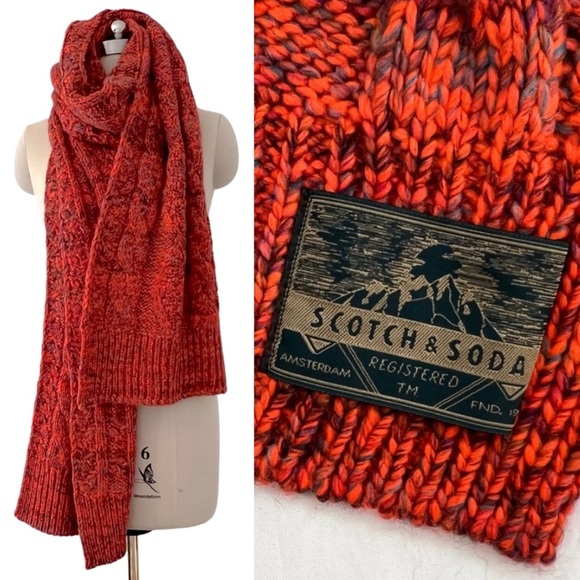 Scotch & Soda Orange Black Fisherman Cable Knitted Scarf 3D Textured 86 x 12 - Picture 1 of 10